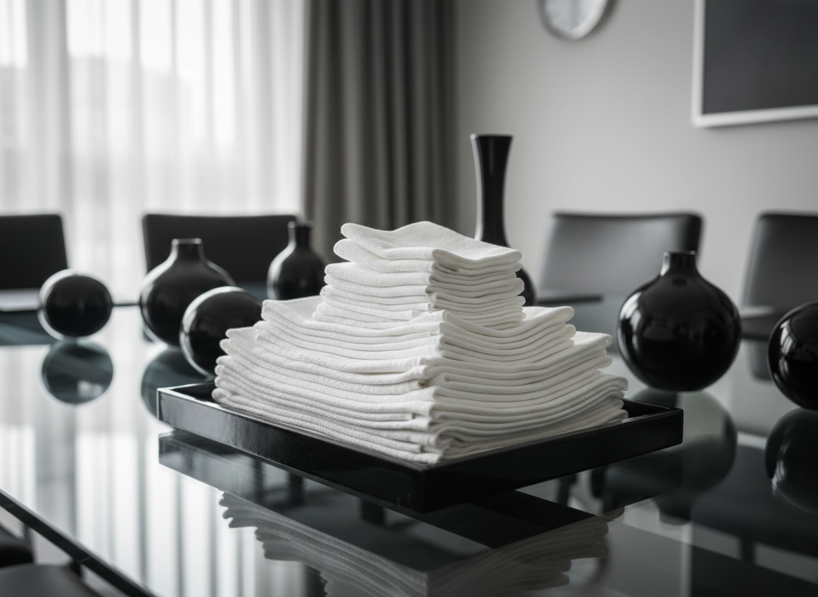 A close-up of a perfectly folded stack of white linen cleaning cloths with visible soft textures, neatly arranged atop a sleek black lacquered tray. The scene is set on a glass tabletop in a modern conference room, the tray positioned near the center, surrounded by glossy black decorative elements. Soft, indirect daylight streams in from an unseen window, diffusing across the scene to create gentle gradients of light and subtle, structured shadows. The atmosphere suggests cleanliness, order, and meticulous attention to detail. Framed from a low, side angle with shallow depth of field, the forefront is sharply defined against a blurred, organized backdrop. The aesthetic is contemporary and understated with a polished, professional mood.