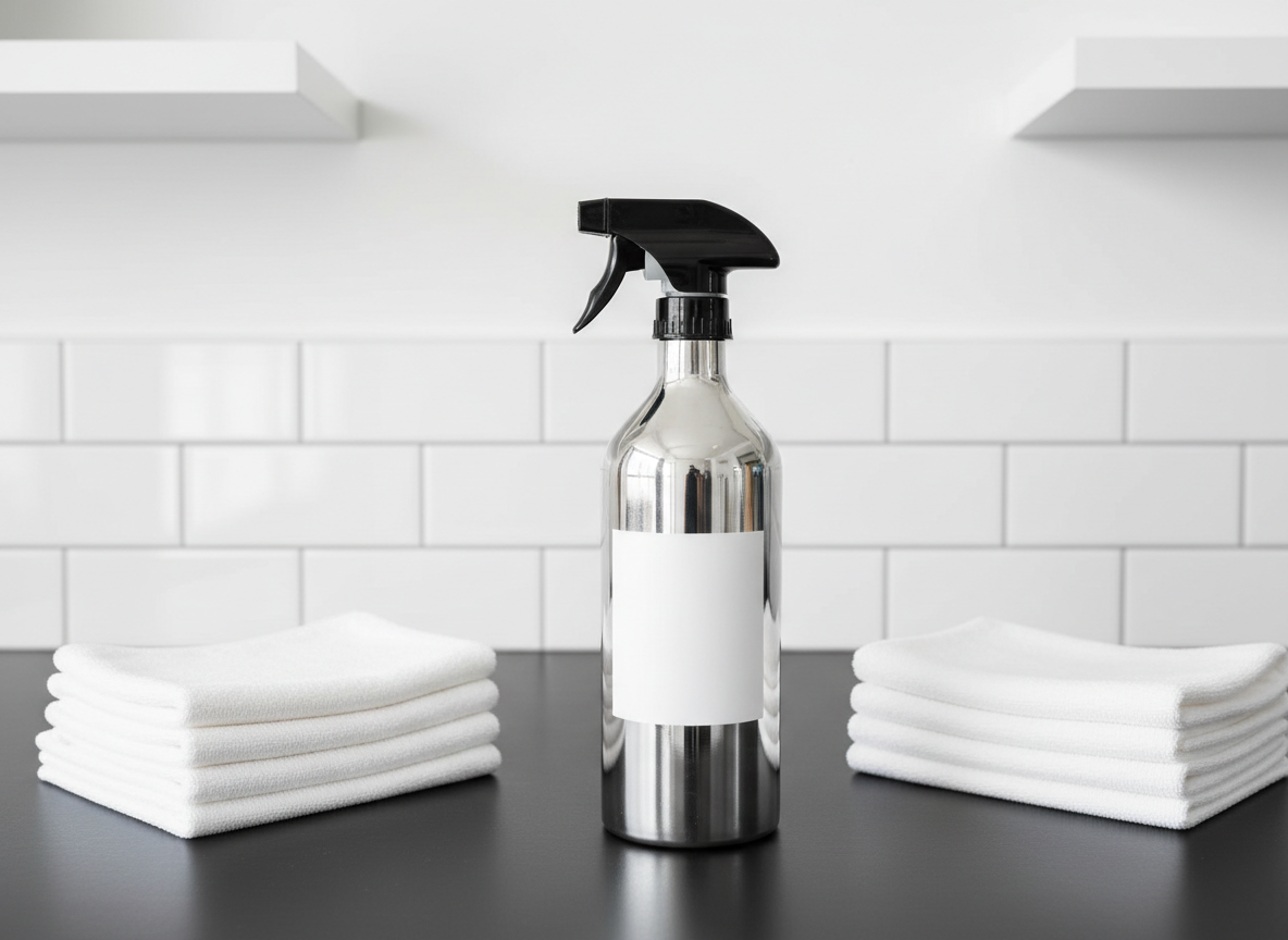 A gleaming stainless steel spray bottle with a matte black trigger and crisp white label, the surface polished to perfection with subtle reflections. The bottle is centered on a smooth, high-contrast black countertop, flanked by neatly folded white microfiber cloths. The environment is a minimalist, modern workspace with stark geometric lines and uncluttered surfaces, set against a white tiled backsplash. Soft diffused studio lighting highlights the object's contours, casting precise yet understated shadows for depth. The mood is calm, efficient, and trustworthy. Shot at eye level with a sharp focus, the composition employs the rule of thirds, lending a balanced and corporate visual appeal. The style is photographic realism with a clean and structured look, echoing professional cleaning standards.
