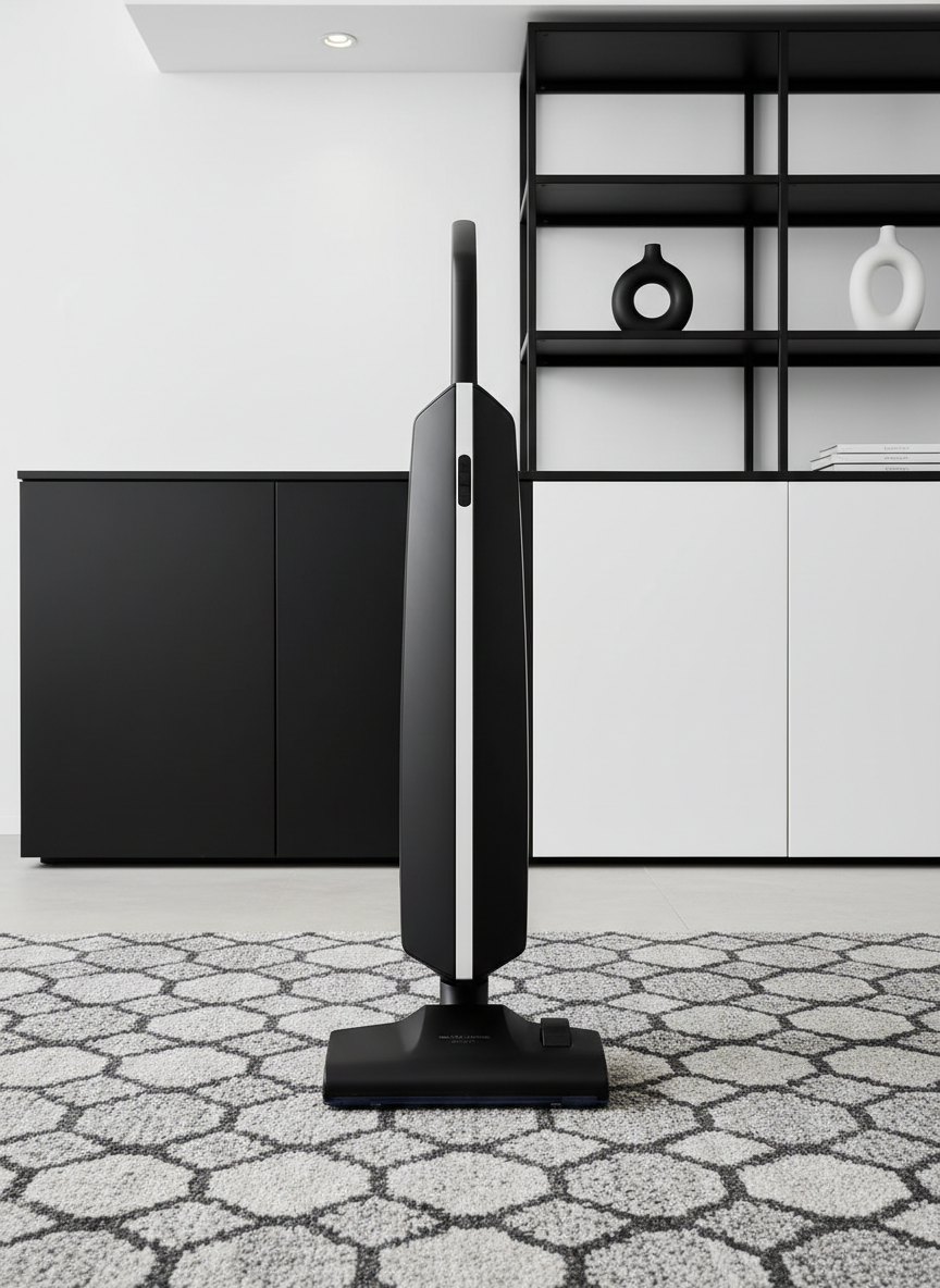 A high-end matte black vacuum cleaner with clean, angular lines and a white accent stripe, standing upright on a geometric-patterned monochromatic rug. It is situated beside a minimalist, black-and-white shelving unit and a sleek, closed-cabinet storage system. Even, neutral overhead lighting ensures every surface remains crisply lit, emphasizing the vacuum’s sophisticated design. The image exudes a sense of quiet confidence and efficiency, with a structured, businesslike mood. Photographed from a slightly low angle to give prominence to the vacuum, employing a centered composition for balance. The artistic style is clean, modern, and corporate, unmistakably reflecting the professional cleaning industry.