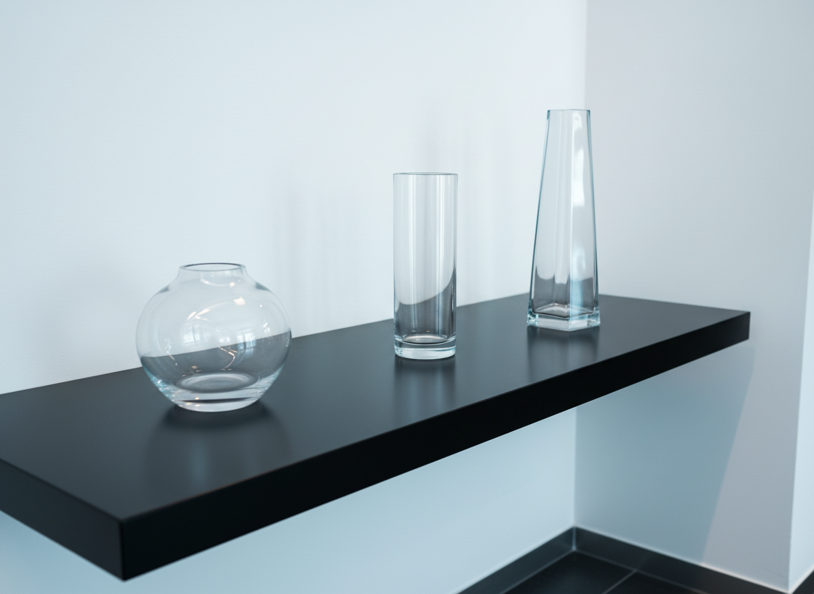 A set of three immaculately clean glass vases of varying heights arranged in a symmetrical line on a deep black floating shelf. The glass catches subtle highlights from cool, diffused overhead lighting, with delicate reflections emphasizing their pristine surfaces. In the background, crisp white walls provide a high-contrast context, enhancing the clarity and orderliness of the setting. The environment is a contemporary office lobby, featuring soft shadows and a sharply defined focal plane. Shot from a slightly elevated angle to establish structured symmetry and visual harmony, the composition radiates a sense of pristine professionalism. The style embraces minimalist corporate aesthetics with balanced composition and neutral tones, echoing the brand’s disciplined approach.